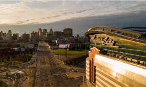 Aerial view of MotorCity Casino Hotel in downtown Detroit at sunset