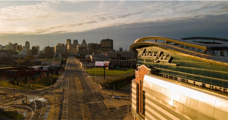Aerial view of MotorCity Casino Hotel in downtown Detroit at sunset