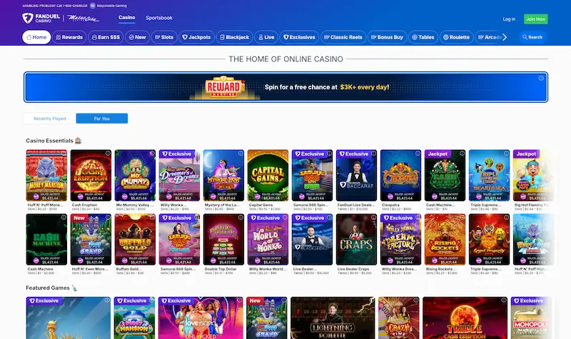 FanDuel Casino website lobby