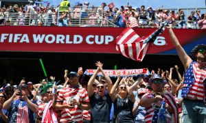 Fans in USA gear cheer at a FIFA World Cup match