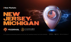 Yggdrasil and Caesars Entertainment logos over a map graphic marking New Jersey and Michigan
