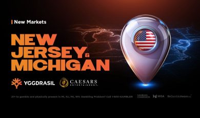 Yggdrasil and Caesars Entertainment logos over a map graphic marking New Jersey and Michigan