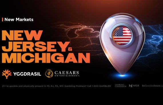 Yggdrasil and Caesars Entertainment logos over a map graphic marking New Jersey and Michigan