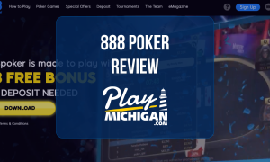 888 Poker Review: Online poker homepage featuring no-deposit bonus offer, poker platform, and Play Michigan logo