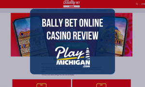 Bally Bet Casino Review: Casino lobby featuring mobile gaming graphics, slot titles, and Play Michigan logo