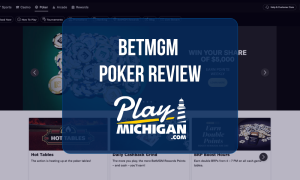 BetMGM Poker Review: Online poker homepage featuring poker promotions, rewards offers, and Play Michigan review logo