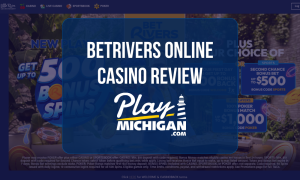 BetRivers Casino Review: Website homepage displaying online casino promotions, featured games, and Play Michigan review graphic