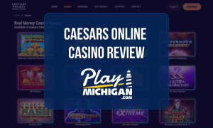 Caesars Casino Review: Homepage screenshot featuring online casino game lobby, featured slots, and Play Michigan logo