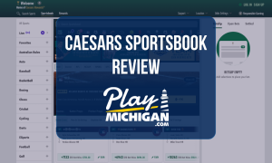 Caesars Sportsbook Review: Sports betting homepage featuring live betting markets, sportsbook navigation, and Play Michigan logo