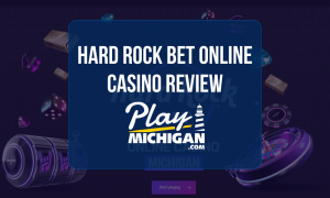 Hard Rock Bet Casino Review: Featured image with Hard Rock Bet's home page as the background featuring casino elements like slots, dice, and chips