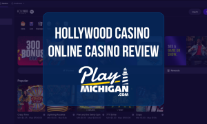 Hollywood Casino Review: Website homepage displaying casino game categories, rewards features, and Play Michigan logo
