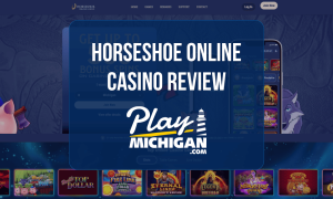 Horseshoe Casino Review: Homepage screenshot showcasing bonus spins, online casino games, and Play Michigan logo