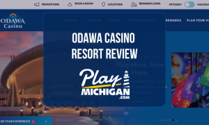 Odawa Casino Resort review featuring the casino property, Pure Rewards cards and PlayMichigan logo