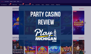 Party Casino Review: Online casino homepage featuring slot games, exclusive promotions, and Play Michigan logo