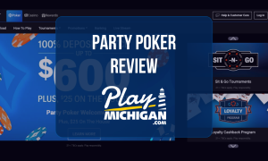 Party Poker Review: Online poker homepage featuring welcome bonus offer, Sit & Go tournaments, and Play Michigan logo