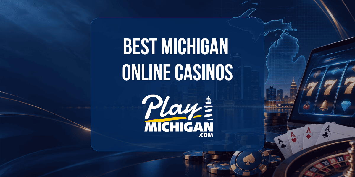 PlayMichigan Best Michigan Online Casinos featuring slot machines, poker cards, roulette and casino chips