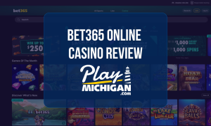 bet365 Casino Review: Online casino homepage showcasing slots, jackpots, bonus offers, and Play Michigan review overlay