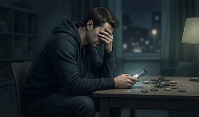 A man sits at a desk in a dark room holding a smartphone while looking distressed, with scattered poker chips and cards on the table.