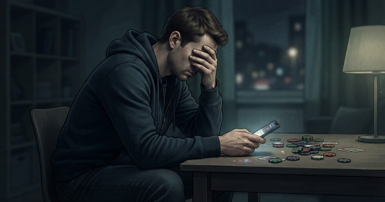 A man sits at a desk in a dark room holding a smartphone while looking distressed, with scattered poker chips and cards on the table.
