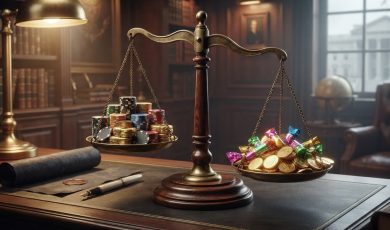A wooden balance scale sits on a desk, with casino chips on one side and gold coins with colorful candies on the other.