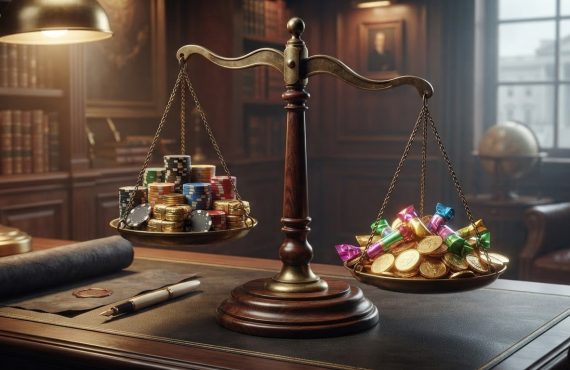 A wooden balance scale sits on a desk, with casino chips on one side and gold coins with colorful candies on the other.