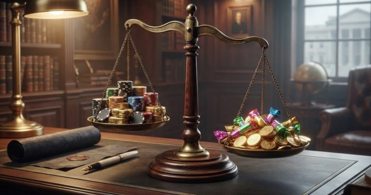 A wooden balance scale sits on a desk, with casino chips on one side and gold coins with colorful candies on the other.