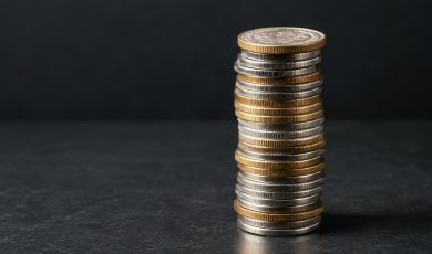 A vertical stack of mixed gold and silver-colored coins stands on a dark, textured surface.