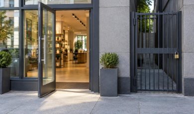 An open glass entrance door leads into a well-lit retail store, next to a gated side passage with a locked metal gate.