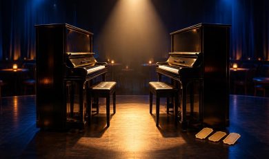 Two black upright pianos sit facing each other on a dark stage illuminated by a single spotlight.