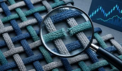 A magnifying glass hovers over a woven fabric with a broken thread, positioned near a small financial candlestick chart.