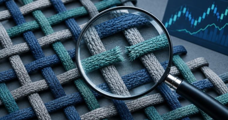 A magnifying glass hovers over a woven fabric with a broken thread, positioned near a small financial candlestick chart.
