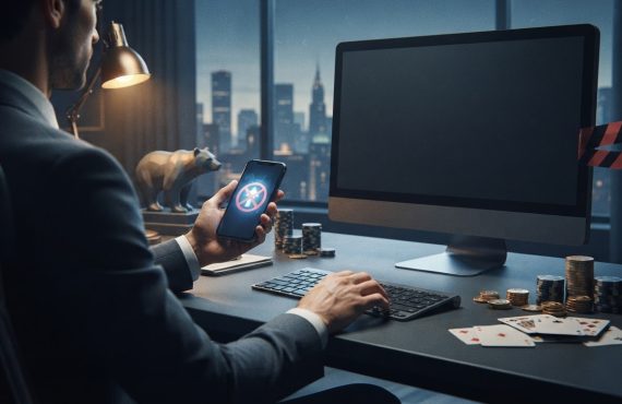 A businessman sits at a desk with gambling chips and playing cards, holding a phone that displays a red prohibited sign.