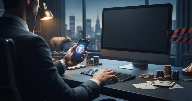 A businessman sits at a desk with gambling chips and playing cards, holding a phone that displays a red prohibited sign.