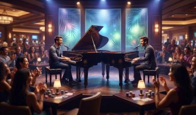 Two men play grand pianos facing each other on a small stage in front of a live audience at a casino lounge.