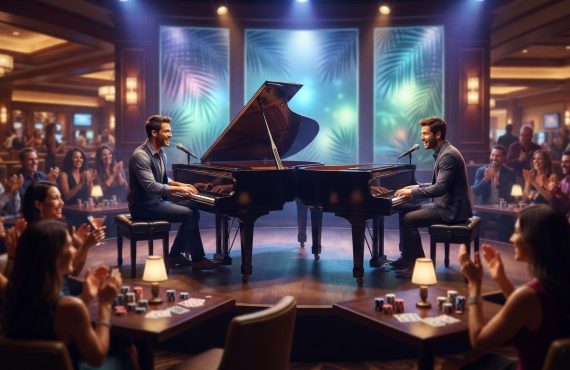 Two men play grand pianos facing each other on a small stage in front of a live audience at a casino lounge.