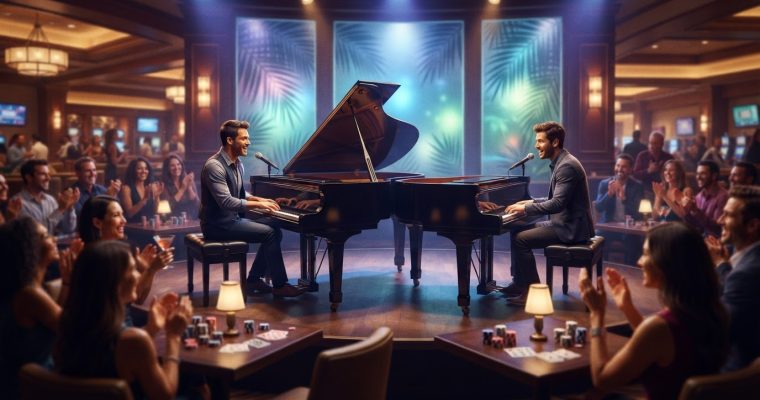 Two men play grand pianos facing each other on a small stage in front of a live audience at a casino lounge.