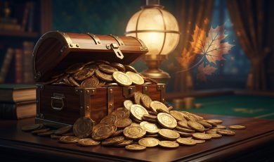 A wooden treasure chest overflows with gold coins onto a table in a dimly lit room with books and a glowing lamp.