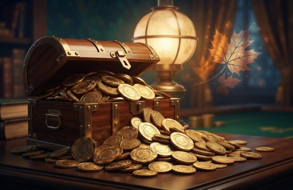A wooden treasure chest overflows with gold coins onto a table in a dimly lit room with books and a glowing lamp.