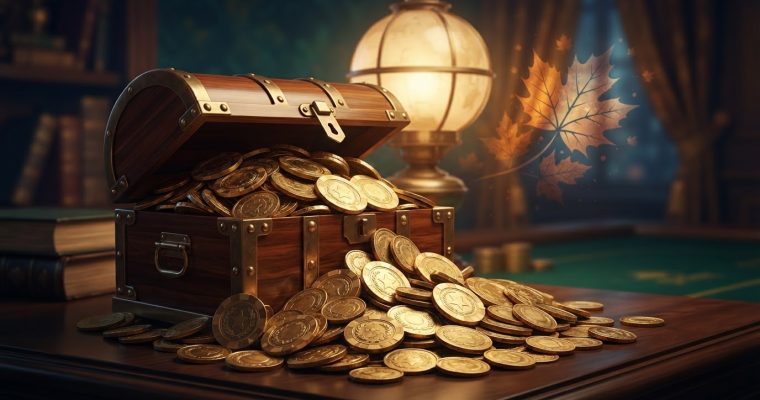 A wooden treasure chest overflows with gold coins onto a table in a dimly lit room with books and a glowing lamp.