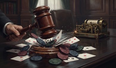 A wooden gavel strikes a wooden base surrounded by scattered playing cards and casino chips, with a vintage ticker machine in the background.