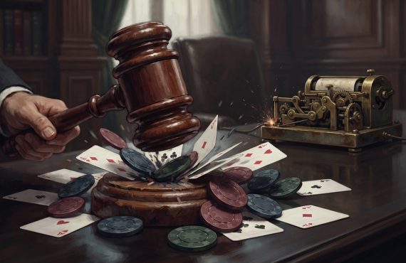 A wooden gavel strikes a wooden base surrounded by scattered playing cards and casino chips, with a vintage ticker machine in the background.