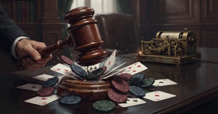 A wooden gavel strikes a wooden base surrounded by scattered playing cards and casino chips, with a vintage ticker machine in the background.