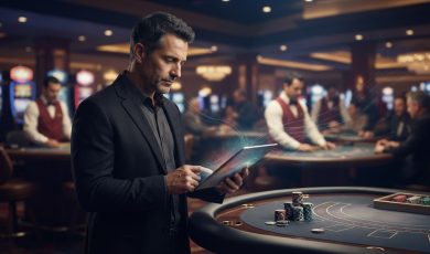 A man in a suit stands at a casino table reviewing data on a digital tablet while staff and patrons work in the background.