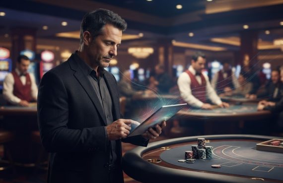 A man in a suit stands at a casino table reviewing data on a digital tablet while staff and patrons work in the background.