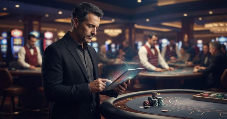 A man in a suit stands at a casino table reviewing data on a digital tablet while staff and patrons work in the background.