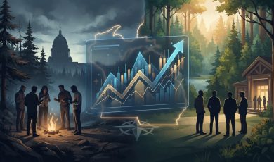 An artistic split-screen image shows people gathered by a campfire on one side and standing outside a building on the other, with a rising financial graph overlaid in the center.