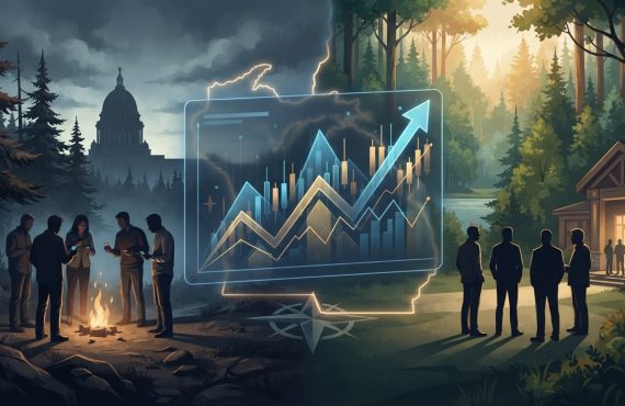 An artistic split-screen image shows people gathered by a campfire on one side and standing outside a building on the other, with a rising financial graph overlaid in the center.