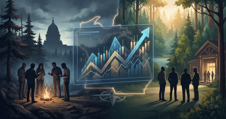 An artistic split-screen image shows people gathered by a campfire on one side and standing outside a building on the other, with a rising financial graph overlaid in the center.